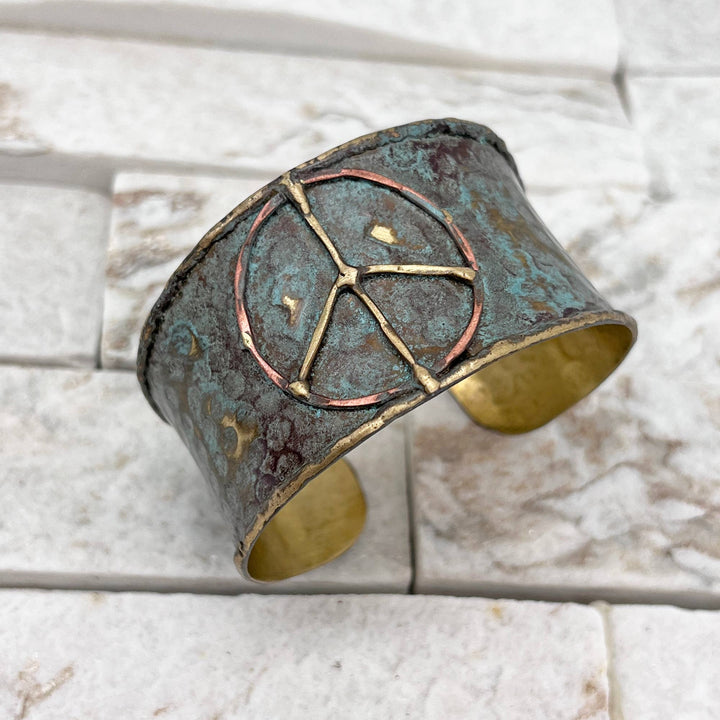 Brass Patina Cuff Bracelet with rustic blue peace sign boho coastal style