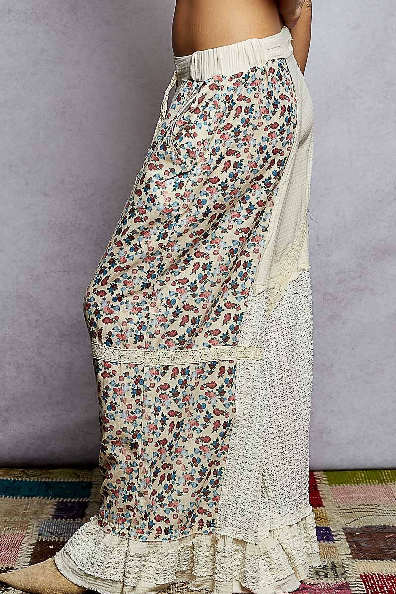 Lace Print Patch Ruffle Woven Wide Pants