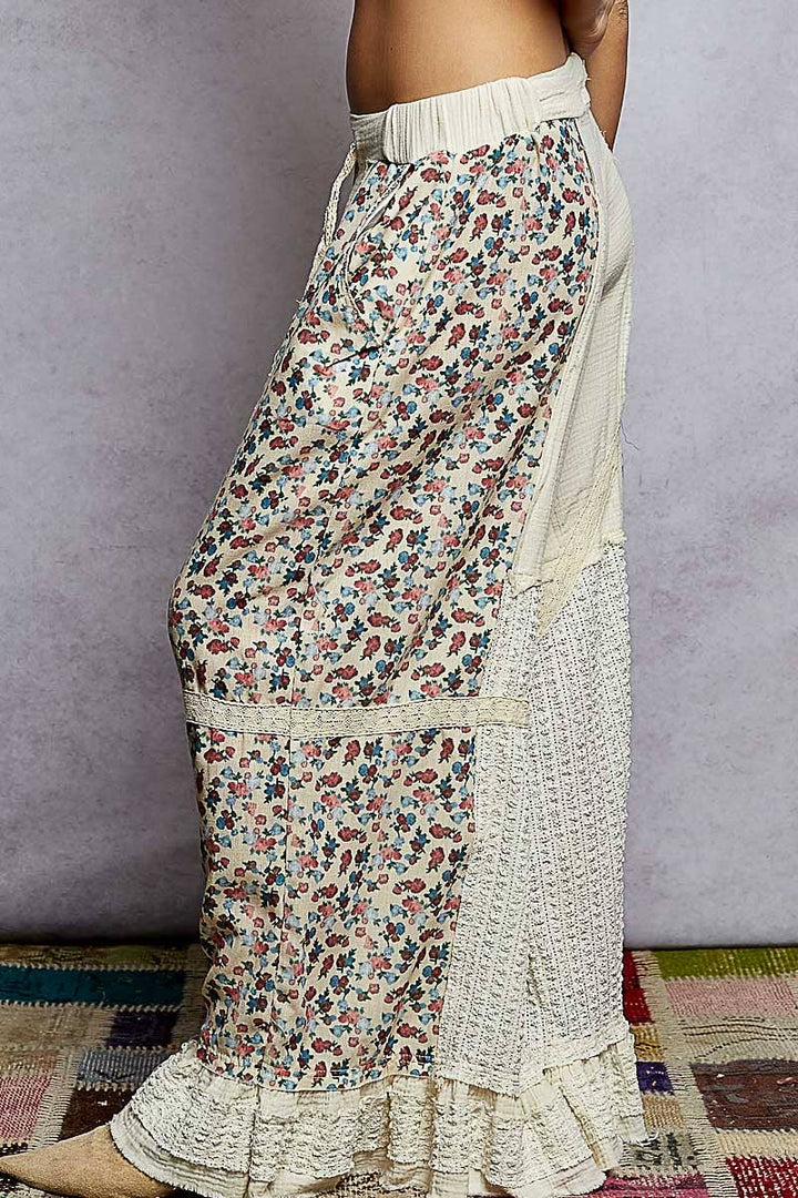 Lace Print Patch Ruffle Woven Wide Pants