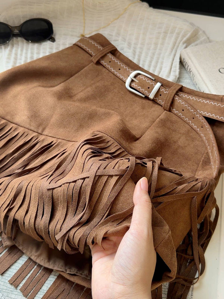 Fringe Faux Suede A-Line Mini Skirt