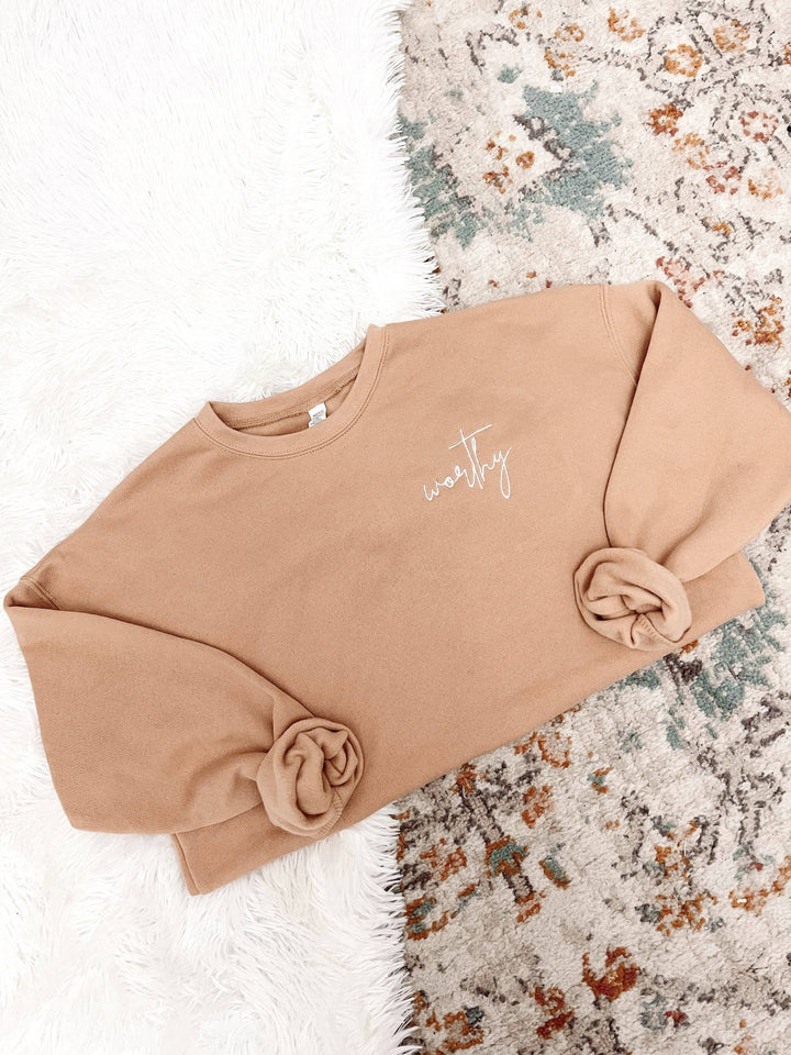 Worthy Embroidered Sweatshirt relaxed unisex coastal boho affirmation wear from Anchored Soul
