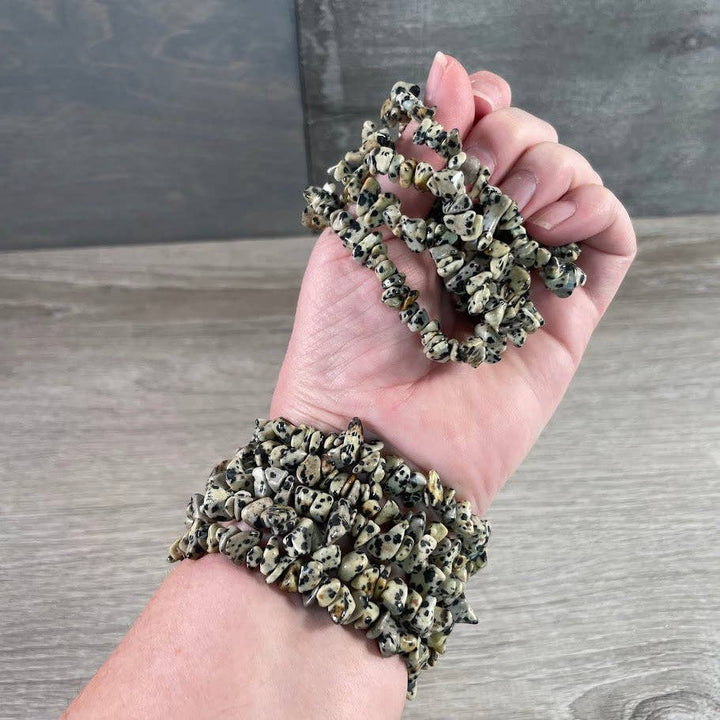 Healing Crystal Chip Bracelets with amethyst and rose quartz for coastal boho style