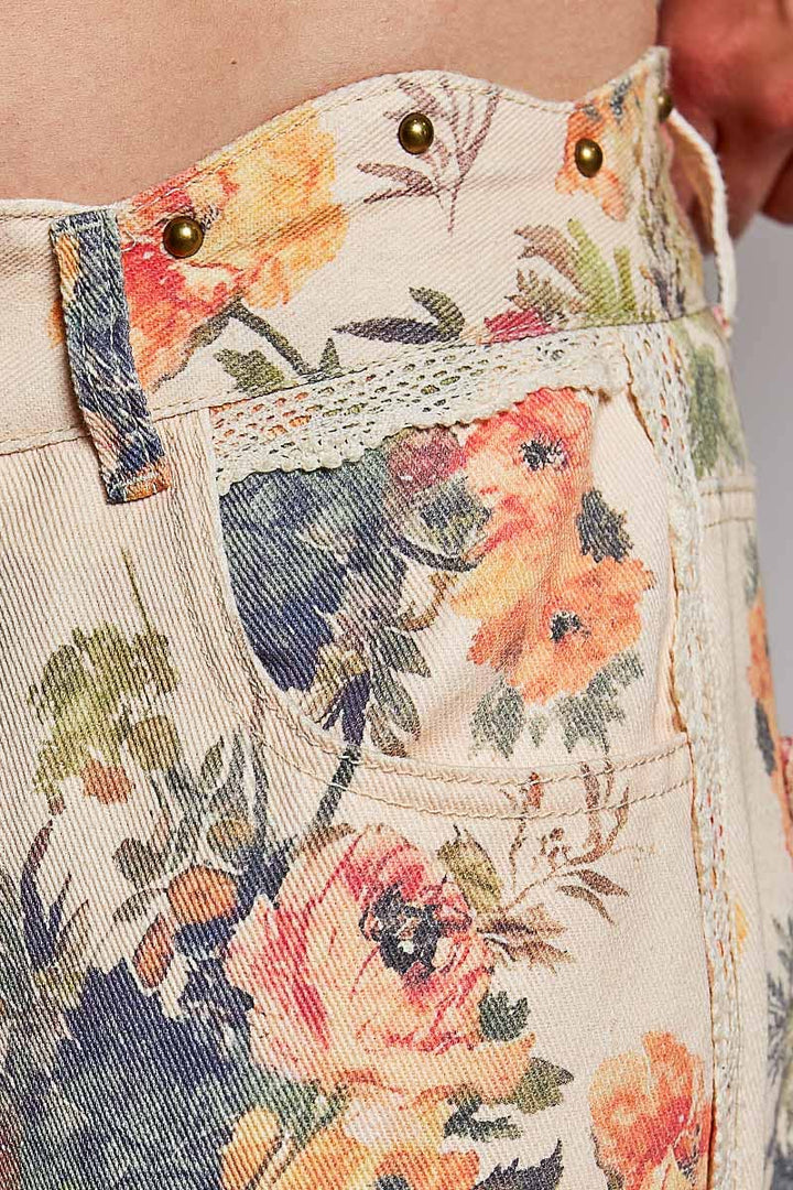 Floral Vintage Washed Raw Edge Elastic Waist Pants