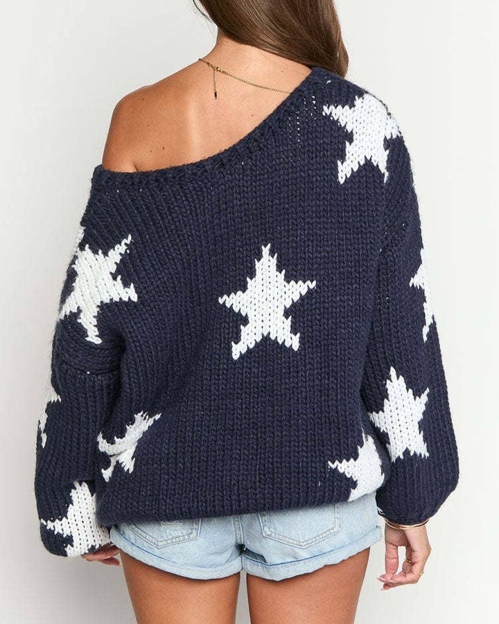 Vintage V-Neck Star Knitted Sweater with cozy coastal boho style for effortless layering