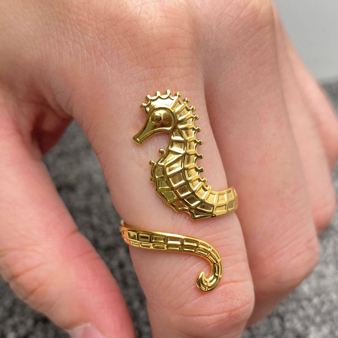 18K gold plated stainless steel seahorse ring for coastal boho beach lovers