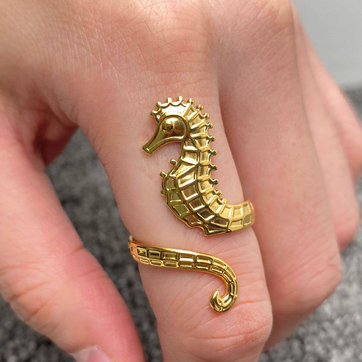 18K gold plated stainless steel seahorse ring for coastal boho beach lovers