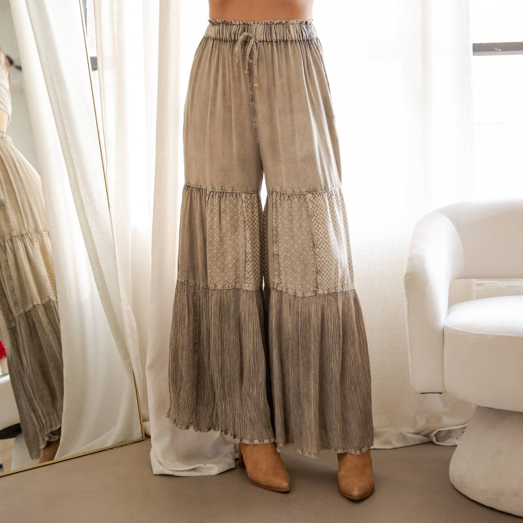 Mineral Wash Tiered Wide-Leg Palazzo Boho Pants