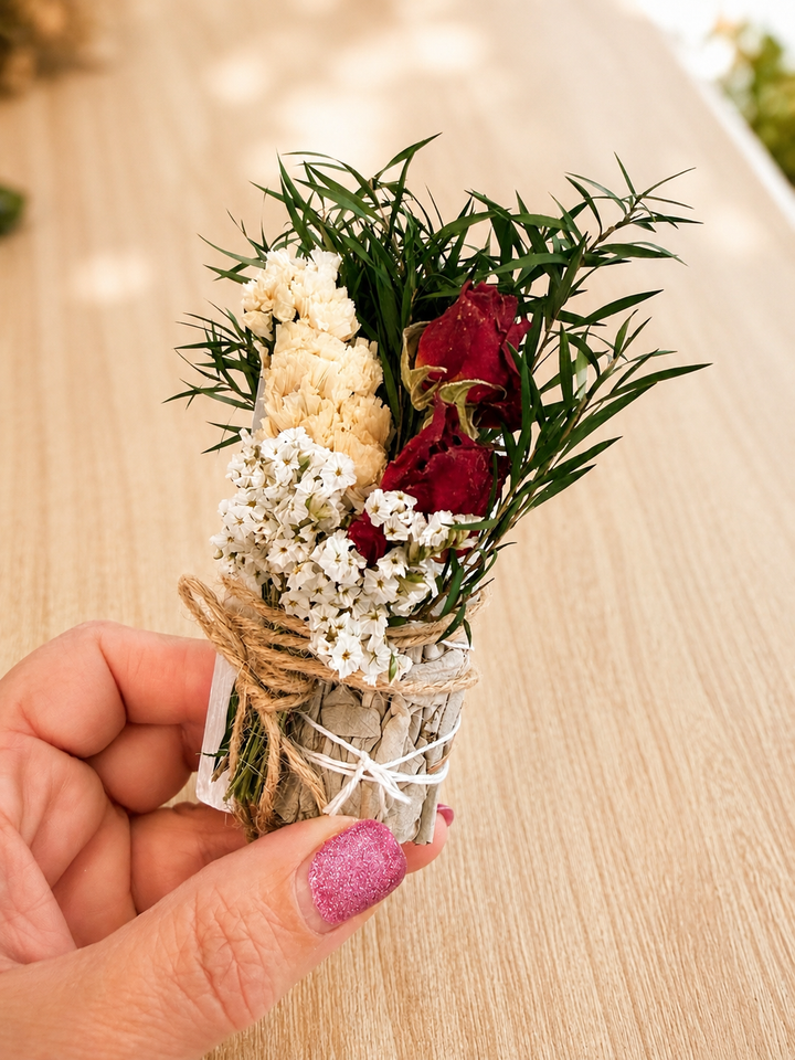 White Sage w/ Selenite Crystal &amp; Dried Flowers Smudge Stick
