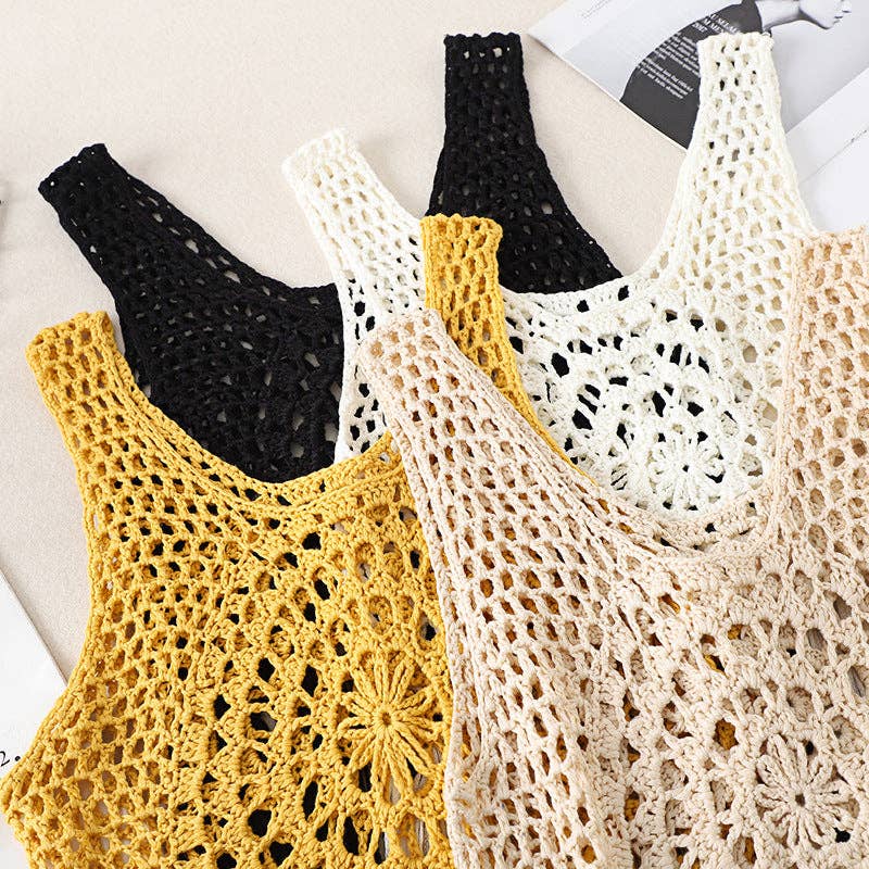 Vintage Bohemian Crochet Fringe Tank Top for effortless coastal hippie summer style