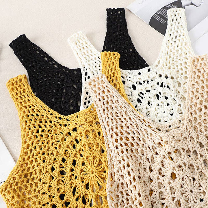 Vintage Bohemian Crochet Fringe Tank Top for effortless coastal hippie summer style
