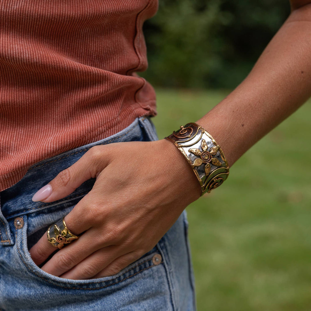 Handcrafted Mixed Metal Cuff Flower Spiral boho bracelet artisan made coastal spiritual jewelry
