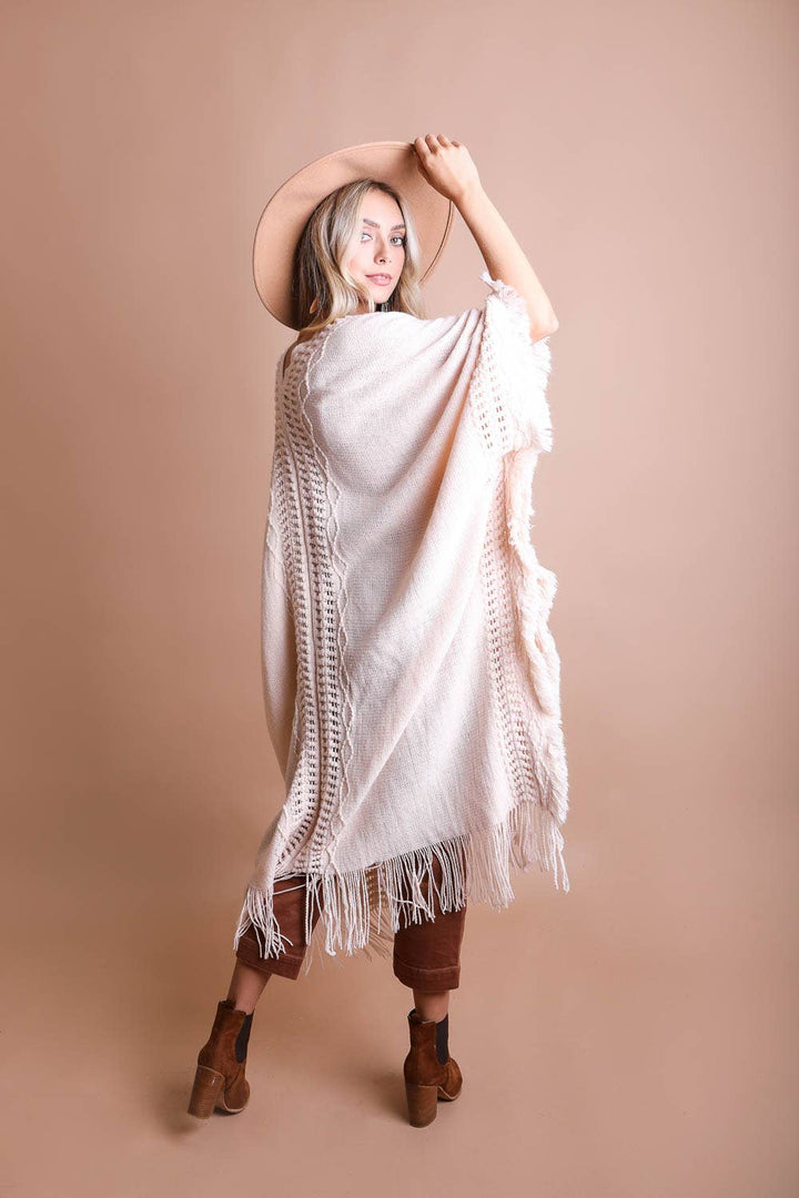 Frayed Border Bohemian Ruana Kimono Sweater