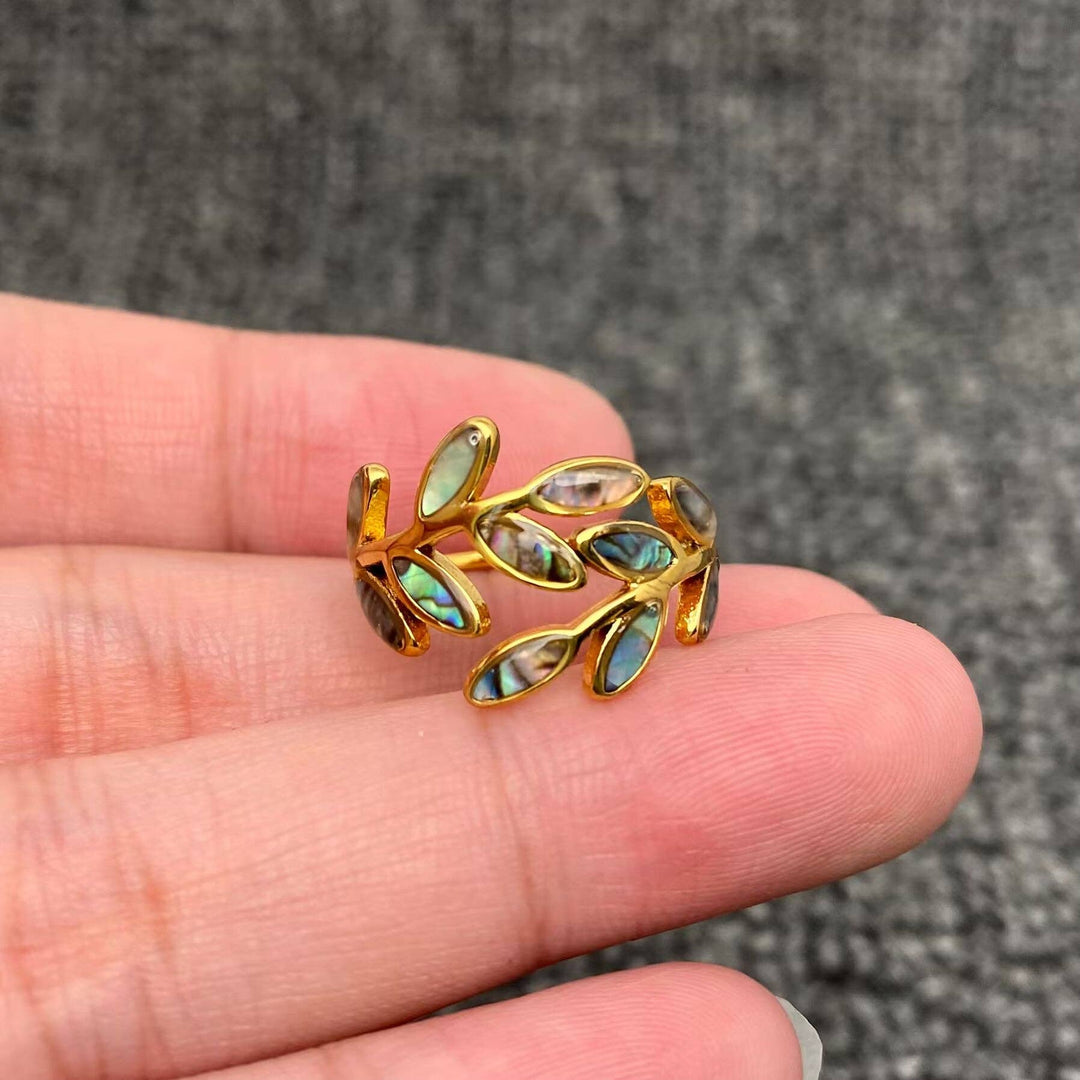 Abalone Shell Leaf Ring in 18k gold plated stainless steel with iridescent coastal glow