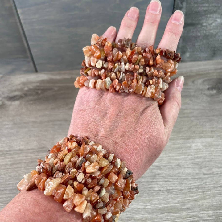 Healing Crystal Chip Bracelets with amethyst and rose quartz for coastal boho style