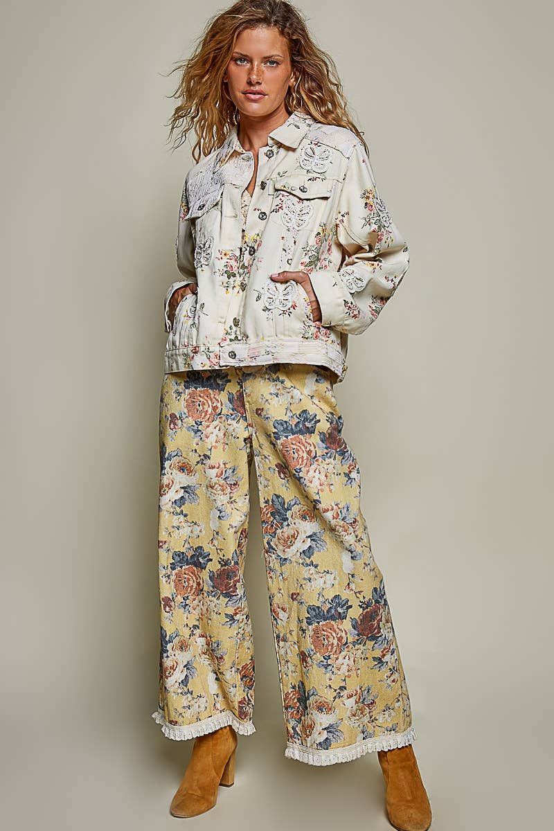 Floral Print Embroidered Collared Denim Jacket