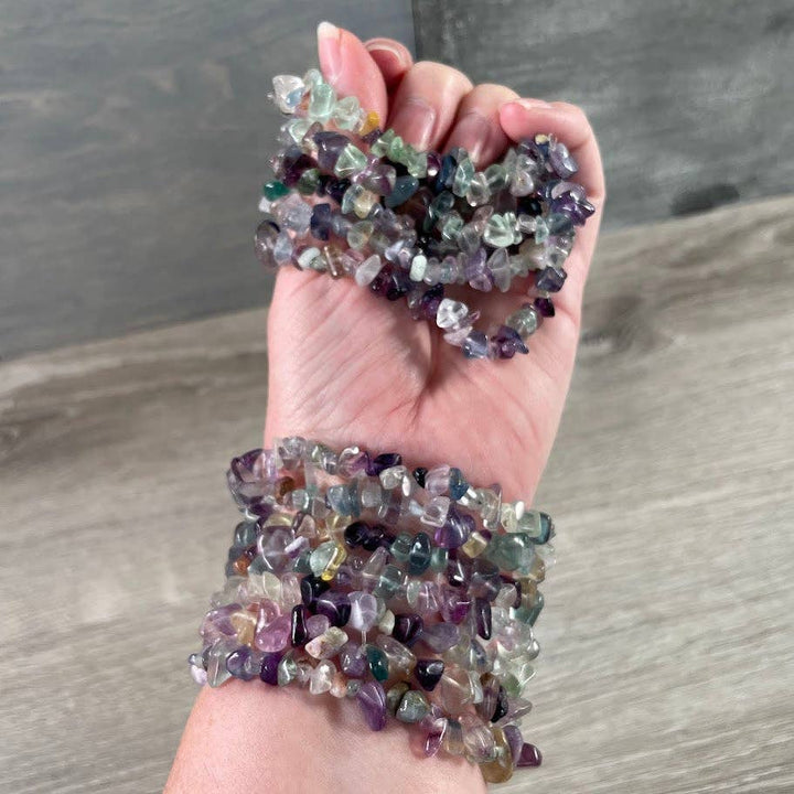 Healing Crystal Chip Bracelets featuring amethyst and rose quartz boho coastal style