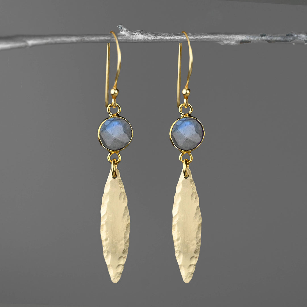 Brass hammered marquise labradorite blue drop earrings handmade boho coastal jewelry