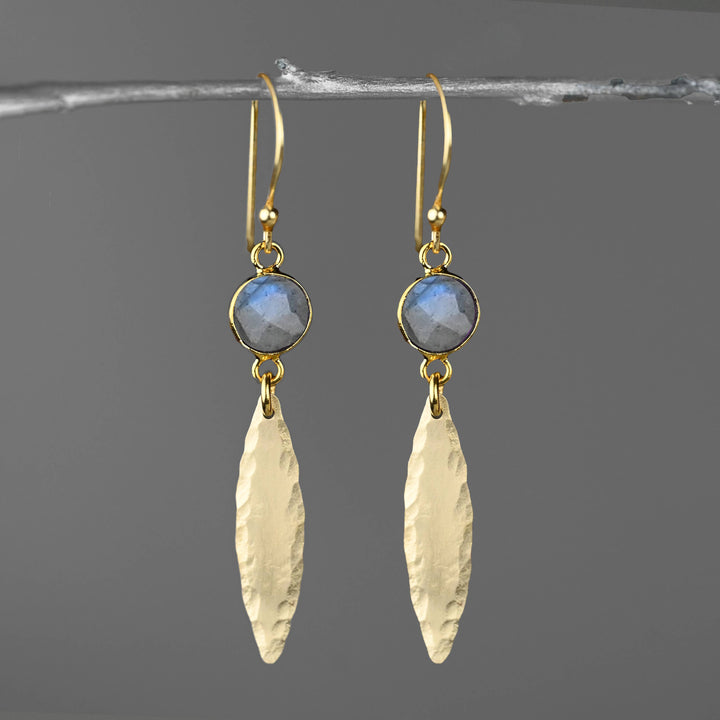 Brass hammered marquise labradorite blue drop earrings handmade boho coastal jewelry