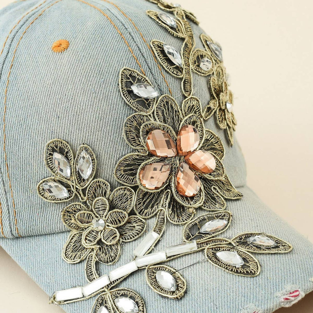 Diamond-Embellished Distressed Denim Baseball Cap