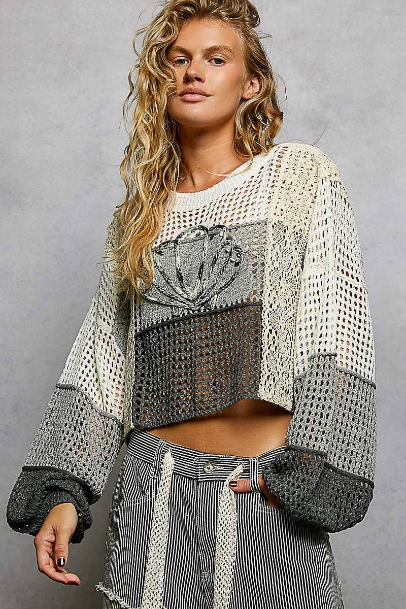 Crochet Shell Patch Thin Sweater Cropped Top