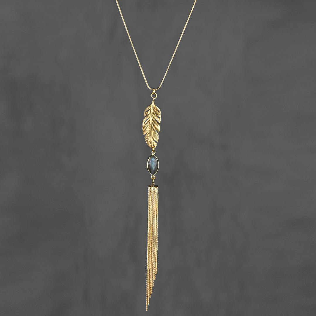 Feather gemstone and gold tassel adjustable labradorite necklace handcrafted coastal boho jewelry