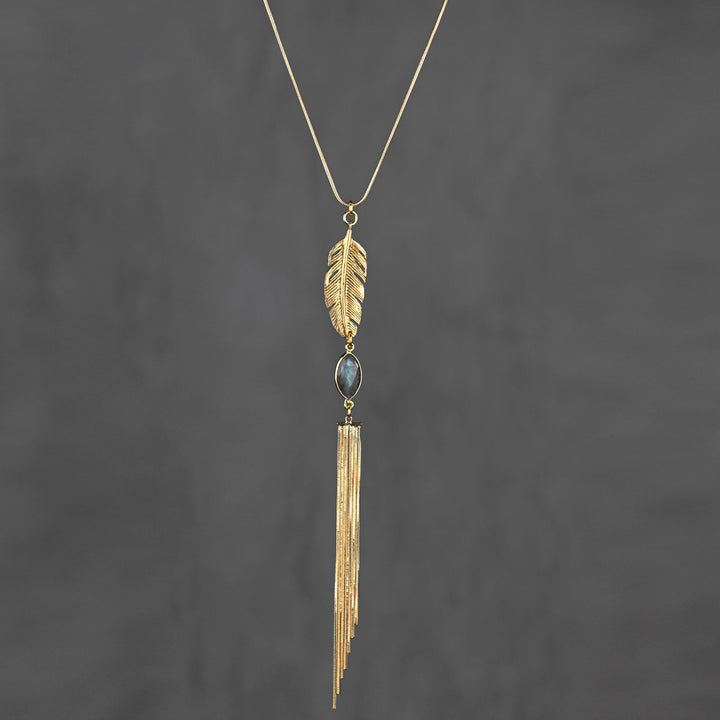 Feather gemstone and gold tassel adjustable labradorite necklace handcrafted coastal boho jewelry