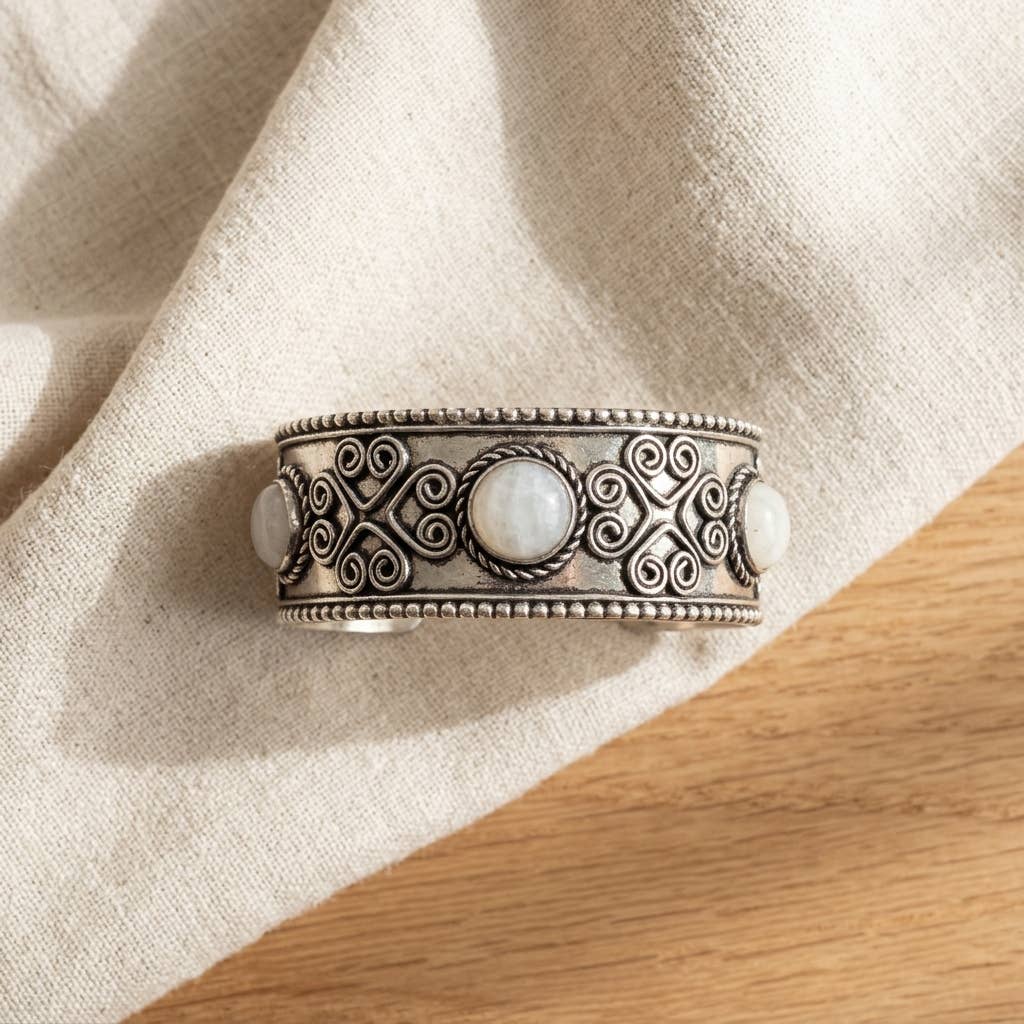 Handcrafted Kashi Antique SilverCuff with three Moonstones