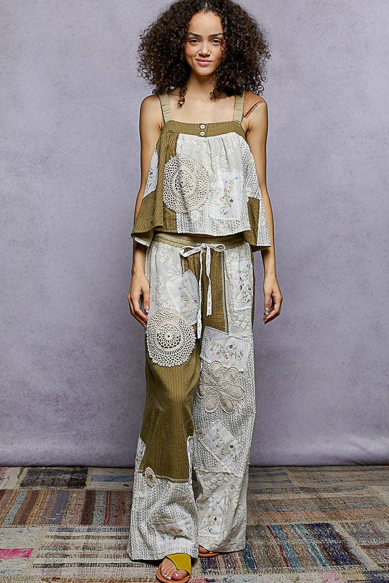 Lace Patch Detail Woven Pants with relaxed coastal boho fit and artisan charm