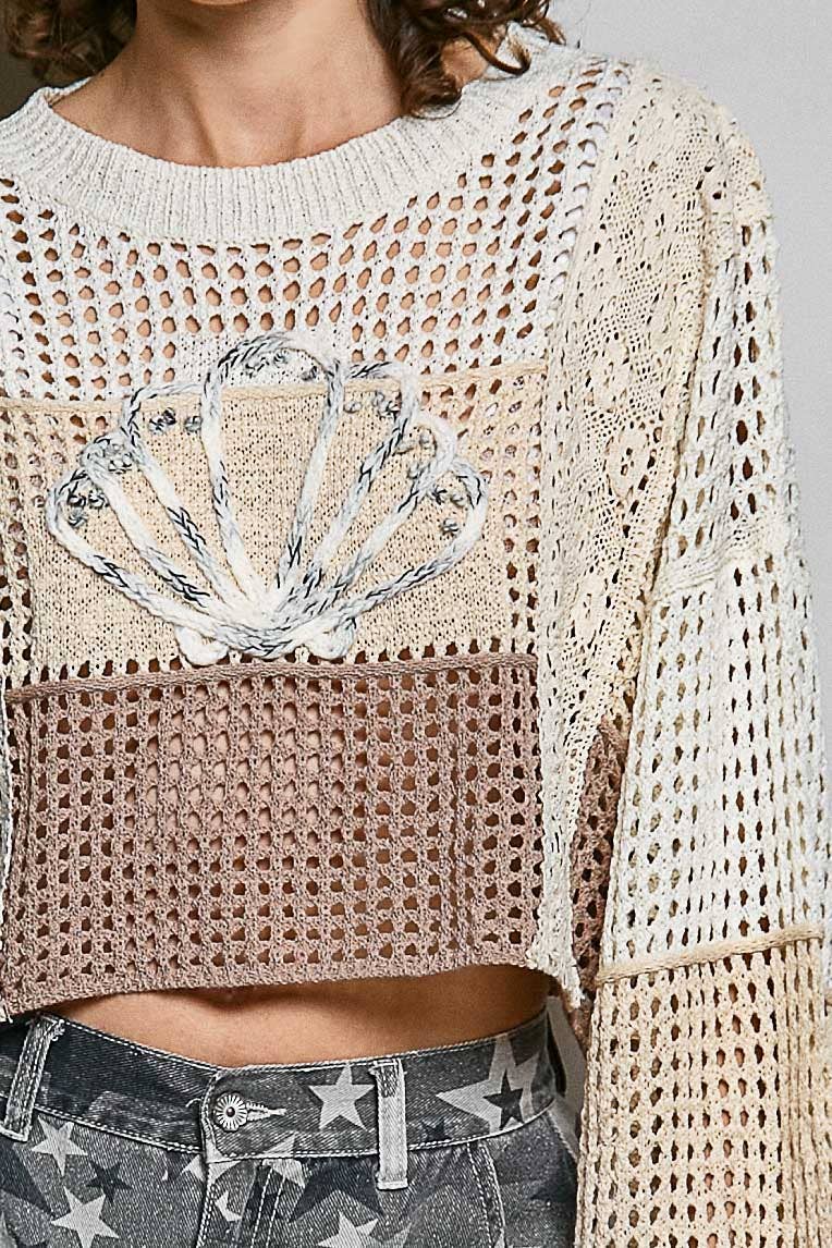 Crochet Shell Patch Thin Sweater Cropped Top