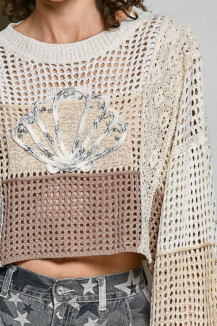 Crochet Shell Patch Thin Sweater Cropped Top
