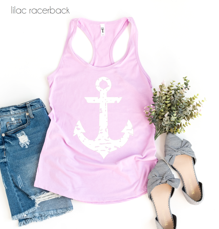 White Anchor Coastal Tank with flowy boho fit and screen print anchor detail