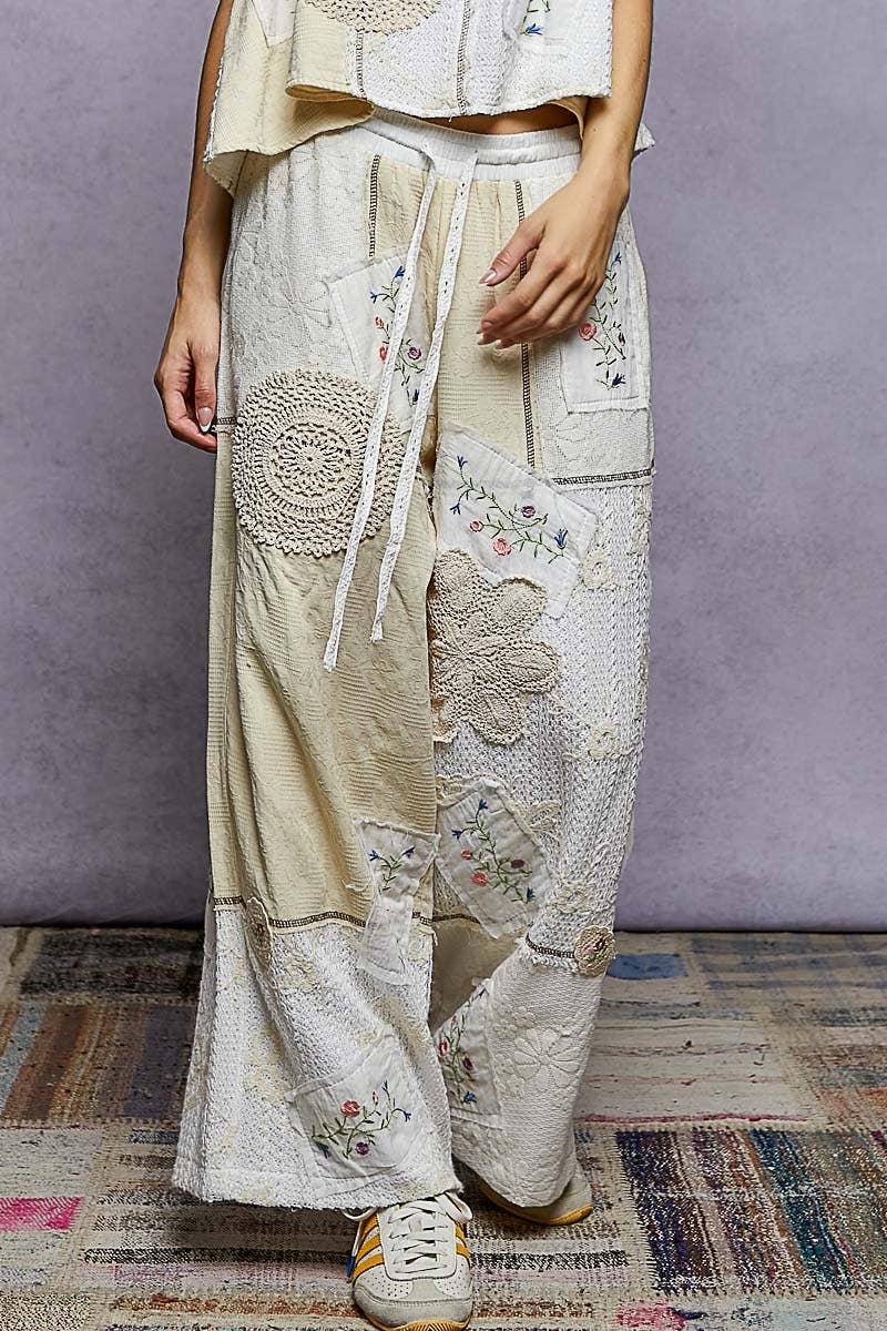 Lace Patch Detail Woven Pants in a relaxed coastal boho style for everyday wear