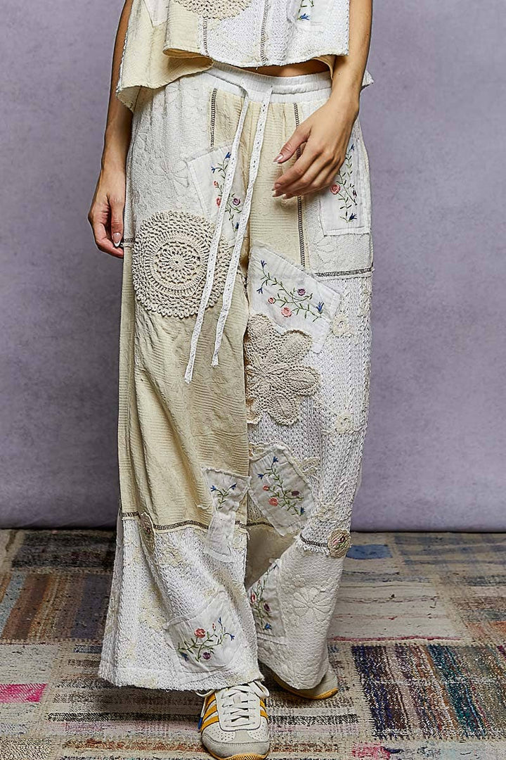 Lace Patch Detail Woven Pants in a relaxed coastal boho style for everyday wear