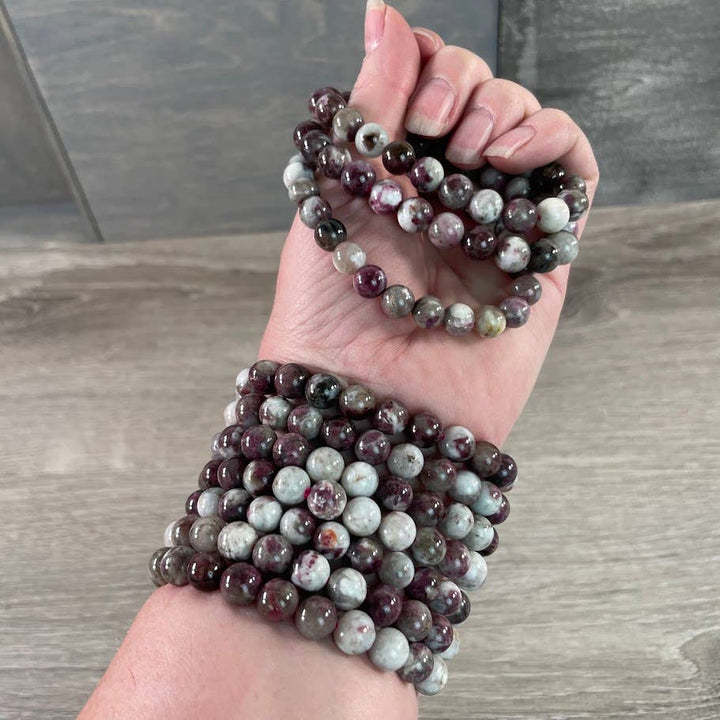 Healing Crystal Bracelets 8mm round beads in amethyst and rose quartz boho stackable stretch