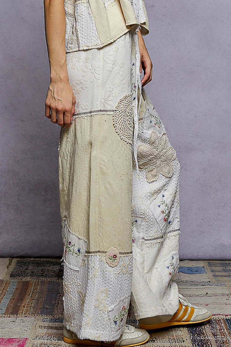 Lace Patch Detail Woven Pants with relaxed boho fit for coastal everyday wear
