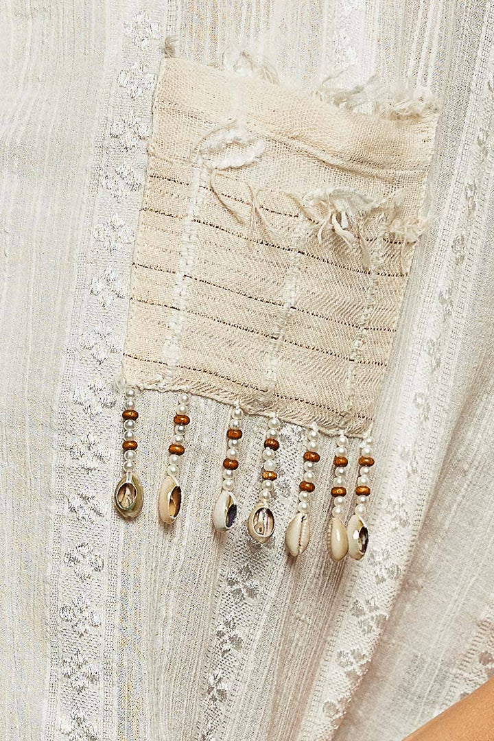 Boho Fringe Shell Bead Shirt Top with woven cotton and coastal handcrafted detail