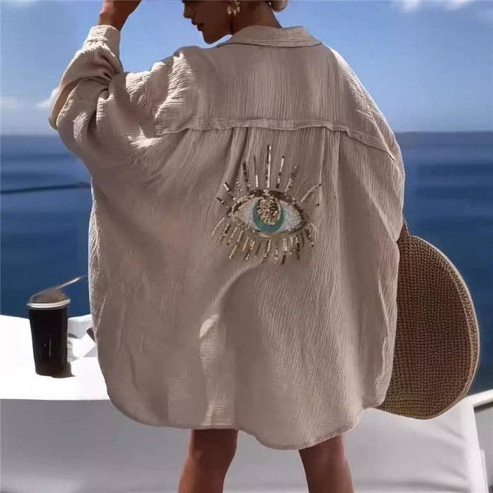 Evil Eye Solid Color Collar Long Sleeve Blouse with relaxed coastal boho style