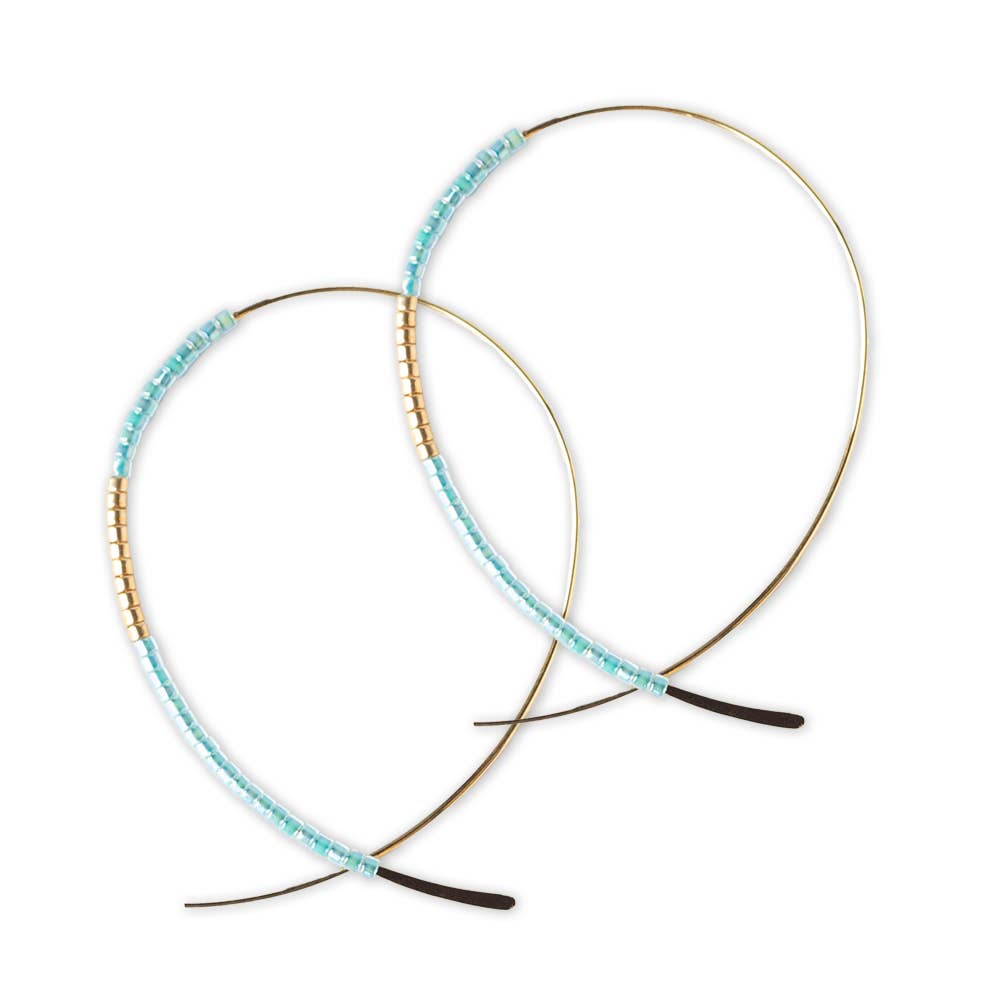 Turquoise Beaded Threader Hoop Earrings with handcrafted miyuki beads and gold coastal boho style