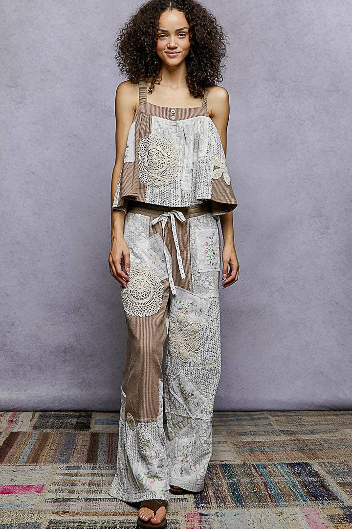 Lace Patch Detail Woven Pants with relaxed boho fit for coastal everyday wear