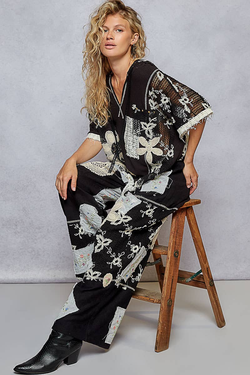Lace Patch Detail Woven Pants