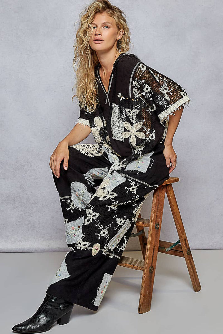 Lace Patch Detail Woven Pants