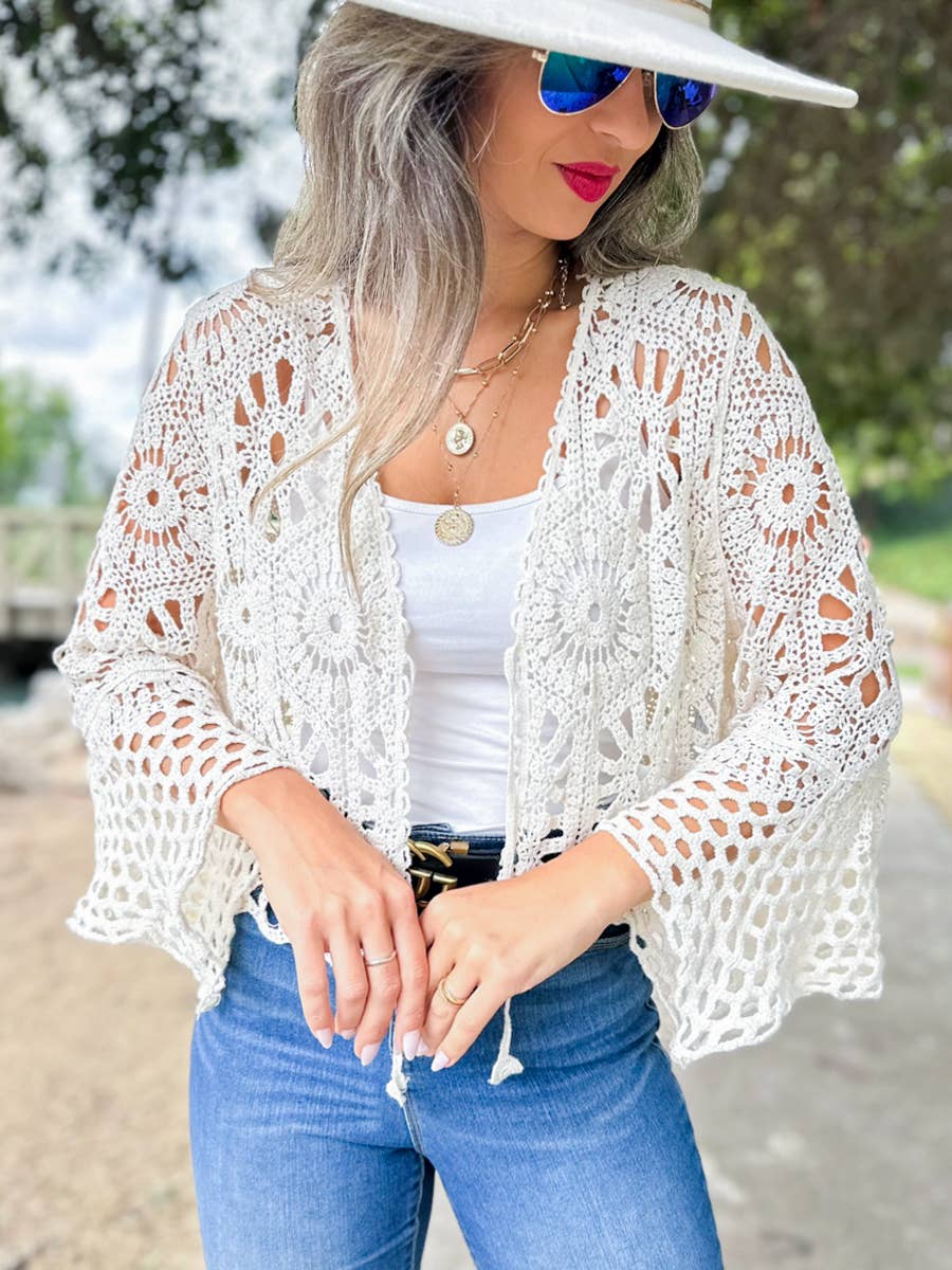 Ivory floral open front long sleeve crochet cardigan for coastal bohemian style
