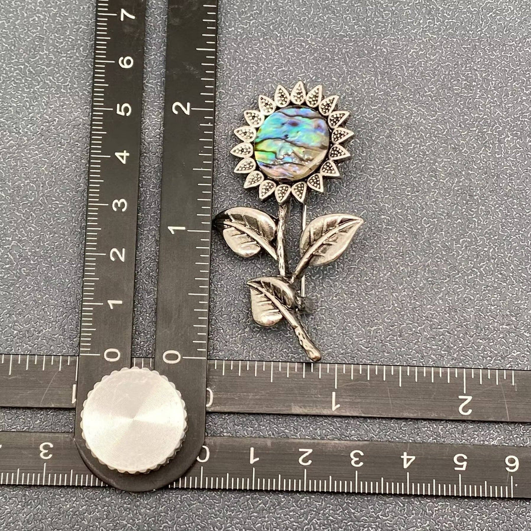 Abalone Shell Silver Tone Sunflower Brooch