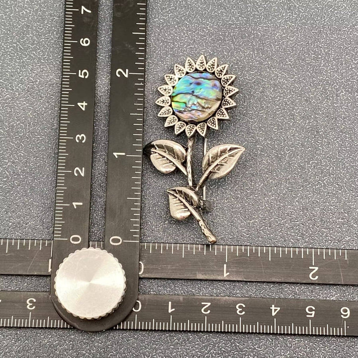 Abalone Shell Silver Tone Sunflower Brooch