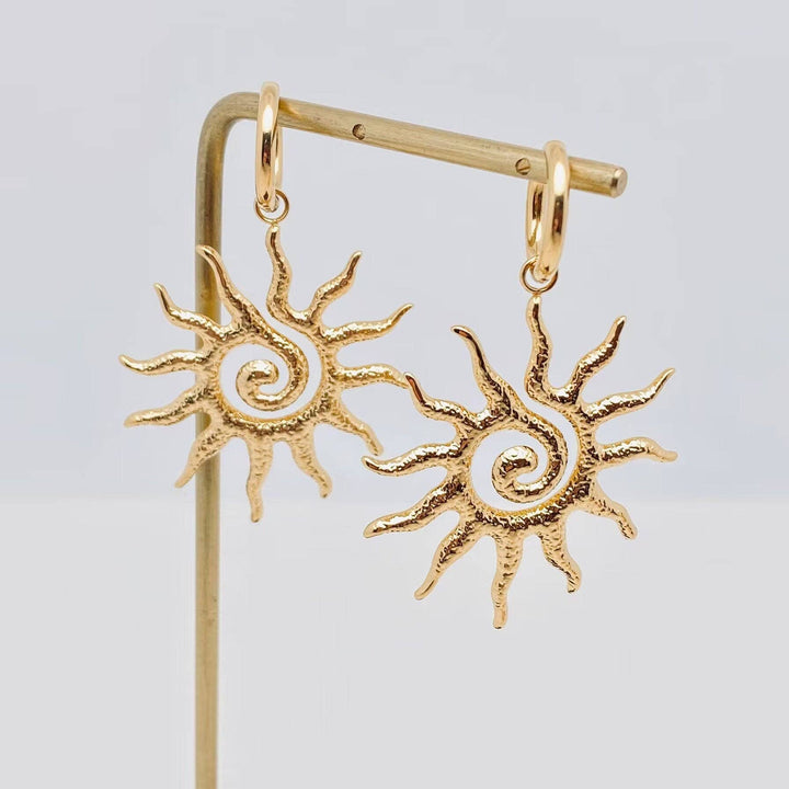 18K Gold Plated Spiral Sun Design Huggie Earrings for everyday coastal boho style
