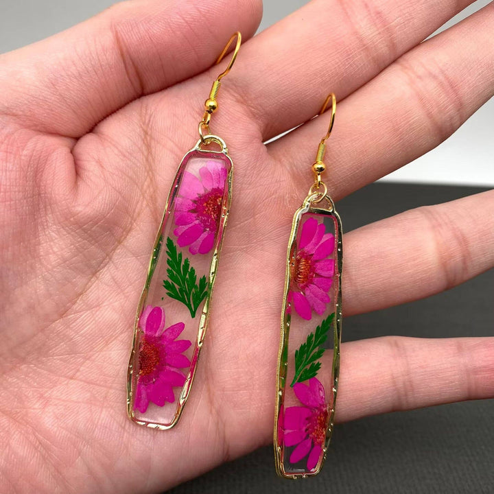 Pressed dried flower long rectangular earrings handcrafted for a boho coastal style