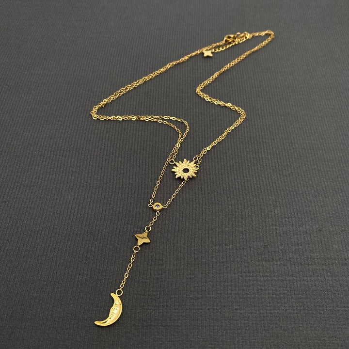 Sun Moon Star 18K Golden SS Double Chain Necklace