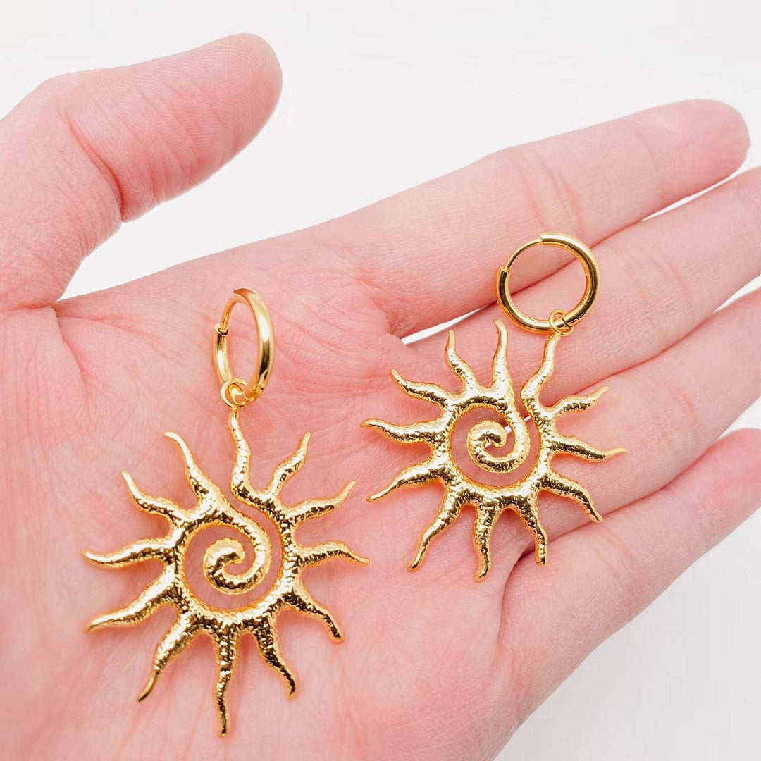 18K gold plated spiral sun huggie earrings for coastal boho everyday wear