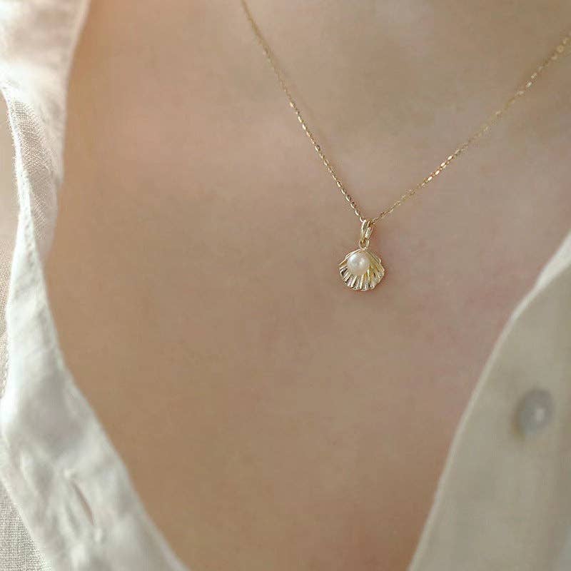 Seashell Pearl Beach Pendant Necklace| Gold &amp; 925 Sterling Silver