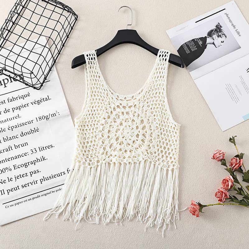 Boho Crochet Knit Fringe Tank Top Cover Up